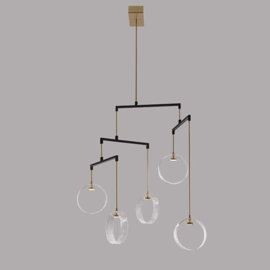 Contemporary Glass Ring Chandelier The Contemporary Glass Ring Chandelier showcases a geometric design with black and gold metal rods, complemented by four circular light fixtures suspended at varying heights. The textured, partially illuminated circles produce an artistic and modern aesthetic against the plain gray background.
