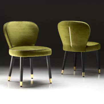 High End Velvet Dining Chair The luxurious High End Velvet Dining Chairs feature green upholstery and dark wooden legs adorned with gold tips. The image showcases one chair facing forward and the other backward against a dark backdrop, emphasizing their elegant design and plush texture.
