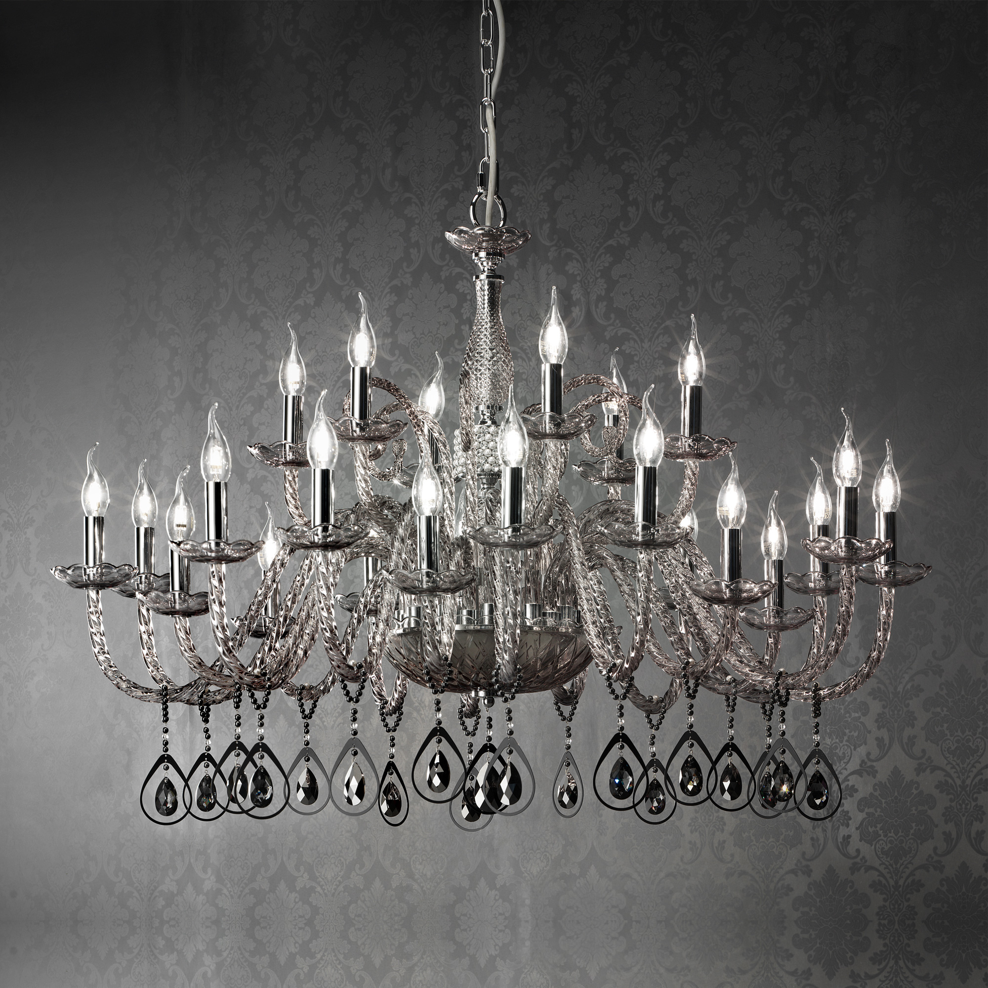 Large Smoked Glass Chandelier With Pendant Drops