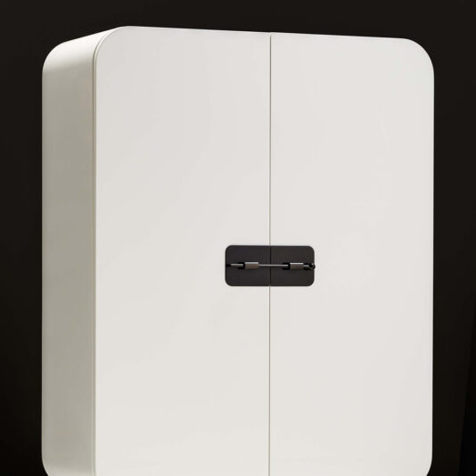 Modern Lacquered Cabinet The Modern Lacquered Cabinet is a sleek and stylish piece with a minimalistic design, featuring rounded edges and a high-gloss white finish against a black background. It has two doors adorned with horizontal black handles in the center, creating a striking contrast on its smooth surface.