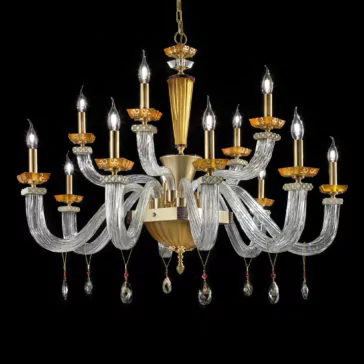The Elegant Amber Glass Chandelier features multiple undulating arms, each holding a candle-like bulb at its end. Adorned with gold accents and crystal pendants, its rich and opulent appearance is set against a striking black background.