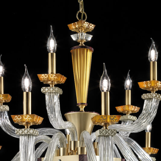 The Elegant Amber Glass Chandelier showcases intricately designed clear amber glass arms adorned with gold-toned accents and ten candle-shaped light bulbs. Hanging from a gold chain, this ornate fixture stands out beautifully against a black background with its elegant decorative elements.