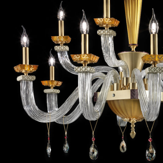A close-up of the Elegant Amber Glass Chandelier shows off its six candle-shaped lights. This sophisticated piece features gold and crystal elements, intricate detailing, and hanging crystal pendants. The black background highlights the chandelier's elegance and sparkle.