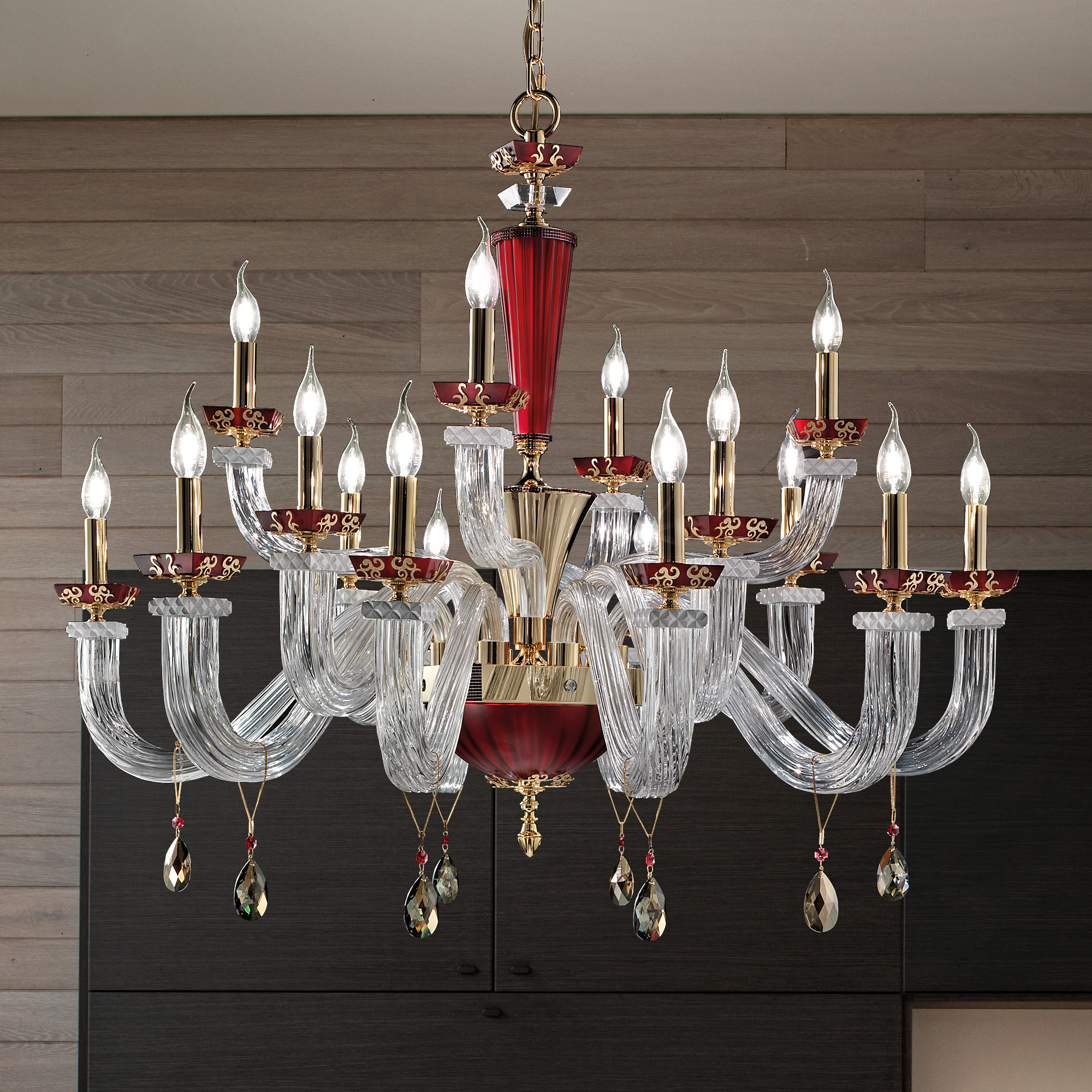 Elegant Ruby Chandelier With Pendant Drops