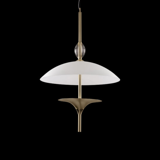 The Modern Venetian Glass Pendant Light showcases a sleek, contemporary design with a frosted white dome-shaped shade, complemented by a translucent decorative element above and a flared metallic accent below. The elegant gold and white color scheme stands out beautifully against the black background.
