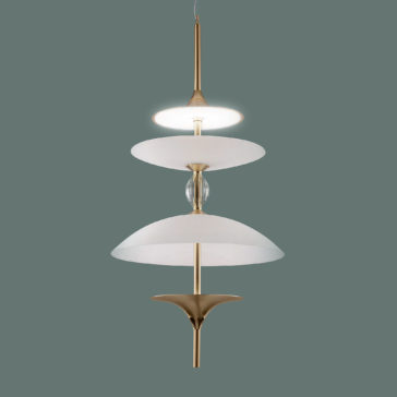 Large Modern Venetian Glass Pendant Light The Large Modern Venetian Glass Pendant Light features a golden metal structure and four wide circular shades arranged in a vertical tiered formation, exhibiting sleek, smooth surfaces. The design has a minimalist aesthetic reminiscent of Venetian glass craftsmanship, set against a solid grey background.