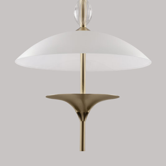 The Large Modern Venetian Glass Pendant Light showcases a sleek, white dome-shaped shade paired with a metallic, brass-colored stem. The design is accentuated by an additional brass element beneath the shade. Set against a plain light gray background, this fixture's elegance truly stands out.