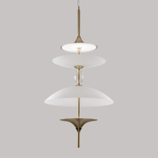 The Large Modern Venetian Glass Pendant Light is a sophisticated piece featuring three white, saucer-shaped shades stacked vertically along a gold central rod that extends both above and below the shades. This elegant fixture hangs gracefully from a slender cord against a plain gray background.