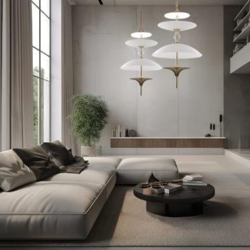 Large Modern Venetian Glass Pendant Light A modern living room with a large sectional sofa, a round black coffee table, and a potted plant by a tall window. The room features minimalistic decor with three tiers of Large Modern Venetian Glass Pendant Lights and a sleek wooden console table against a light gray wall.