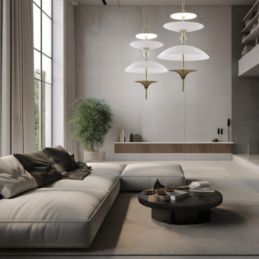 A modern living room with a large sectional sofa, a round black coffee table, and a potted plant by a tall window. The room features minimalistic decor with three tiers of Large Modern Venetian Glass Pendant Lights and a sleek wooden console table against a light gray wall.