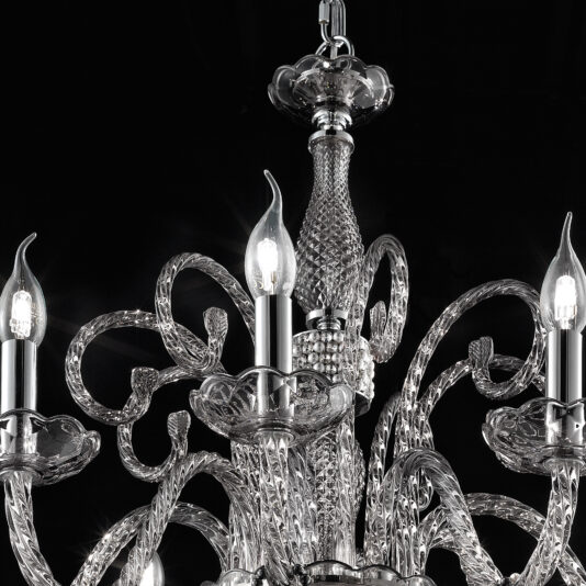 Close-up view of the elegant Smoked Glass Chandelier With Pendant Drops against a black background. The chandelier features intricate designs, including twisted crystal arms and multiple candle-shaped light bulbs, showcasing both classic and luxurious elements.