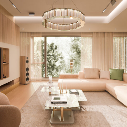 Modern Glass Art Deco Style Chandelier Luxurious living room featuring a large beige sectional, a marble coffee table with decor, ambient lighting, wooden accents, and a Modern Glass Art Deco Style Chandelier. A large window with sheer curtains unveils a view of trees outside.