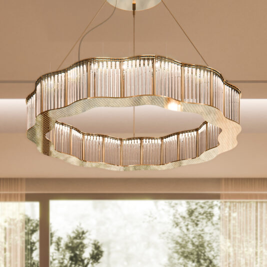 Modern Glass Art Deco Style Chandelier A Modern Glass Art Deco Style Chandelier with cascading vertical light strips and wavy, layered tiers provides warm illumination as it hangs from the ceiling, with a blurred view of a window and trees in the background.