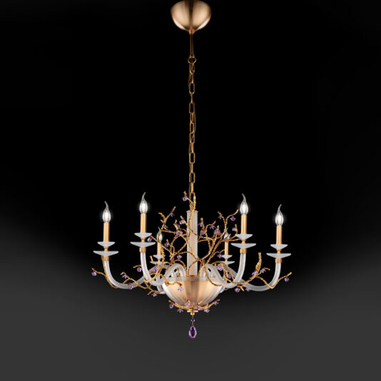 The image shows the Candle Style Chandelier With Swarovski Crystal Flowers, featuring five lights on a gold-colored metal frame adorned with decorative branches and purple crystals. It hangs from the ceiling by a gold chain, set against a solid black background.