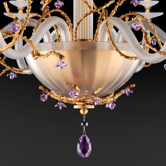 Introducing the Candle Style Chandelier With Swarovski Crystal Flowers: This ornate chandelier boasts a frosted glass bowl adorned with gold accents and elegant, curly gold branches. It is decorated with numerous small purple gemstones and features a prominent teardrop-shaped purple crystal hanging from the bottom, all set against a captivating black background.