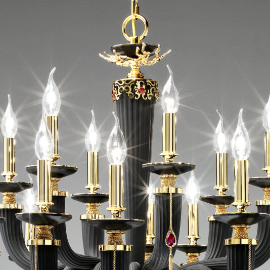 A detailed view of the Classic Black Chandelier With Swarovski® Crystals showcases its luxurious design, featuring multiple candle-shaped lights and ornate detailing with striking red accents. When illuminated, the chandelier exudes a sparkling and elegant appearance.