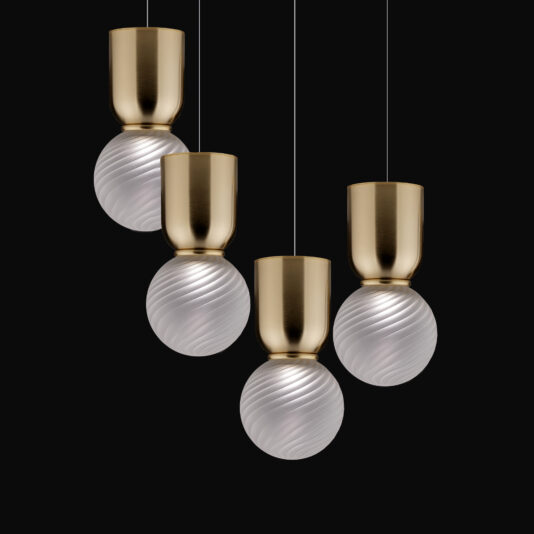 A cluster of Modern Glass Pendant Lights, showcasing brass-colored sockets and spherical white glass lampshades with a spiral texture, elegantly suspended against a black background.