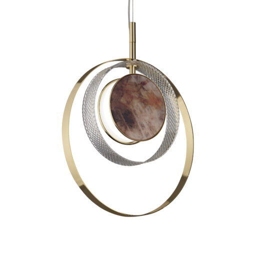 The Contemporary Round Pendant Light With Marble Effect showcases intertwined metal rings in a golden finish that encircle a textured, round marble centerpiece adorned with earthy tones, creating an elegant and sophisticated look.
