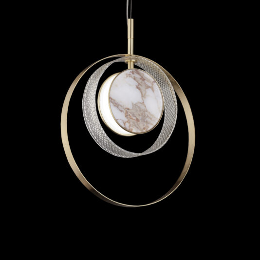 Introducing the Contemporary Round Pendant Light With Marble Effect, a stylish lighting fixture featuring a circular design. This lamp showcases three distinct rings: a large gold ring, a textured silver ring, and a central marbled disk adorned with white and brown patterns. The overlapping rings are elegantly suspended from a black cord against a sleek black backdrop.