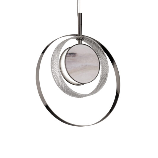 The Contemporary Round Pendant Light With Marble Effect showcases a distinctive design with intersecting metallic rings and a textured marble effect surface. The light source is encased within the rings, offering an abstract and modern aesthetic. The fixture is suspended by a single cord.