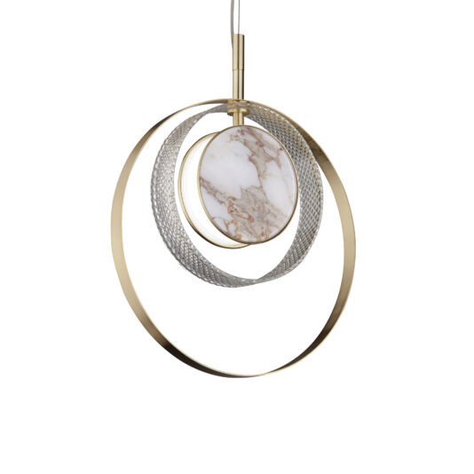 The Contemporary Round Pendant Light With Marble Effect boasts a sleek design featuring a central marble-like disc, enveloped by two interlocking circular metal rings in exquisite gold and silver finishes. Suspended from a delicate wire, this light embodies both elegance and modernity.