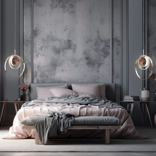 A cozy, modern bedroom featuring a neatly made bed with pink and gray linens, flanked by two wooden nightstands holding small decor items and books. On either side of the bed, a Contemporary Round Pendant Light With Marble Effect casts a warm glow. A gray bench sits at the foot of the bed.