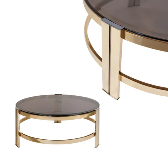 Contemporary Round Smoked Glass Coffee Table Introducing the Contemporary Round Smoked Glass Coffee Table. This stylish piece features a dark tinted glass top supported by a gold metal frame with three vertical supports connected by a circular base. The accompanying images showcase both close-up details of the tabletop and frame, as well as the complete table in its entirety.