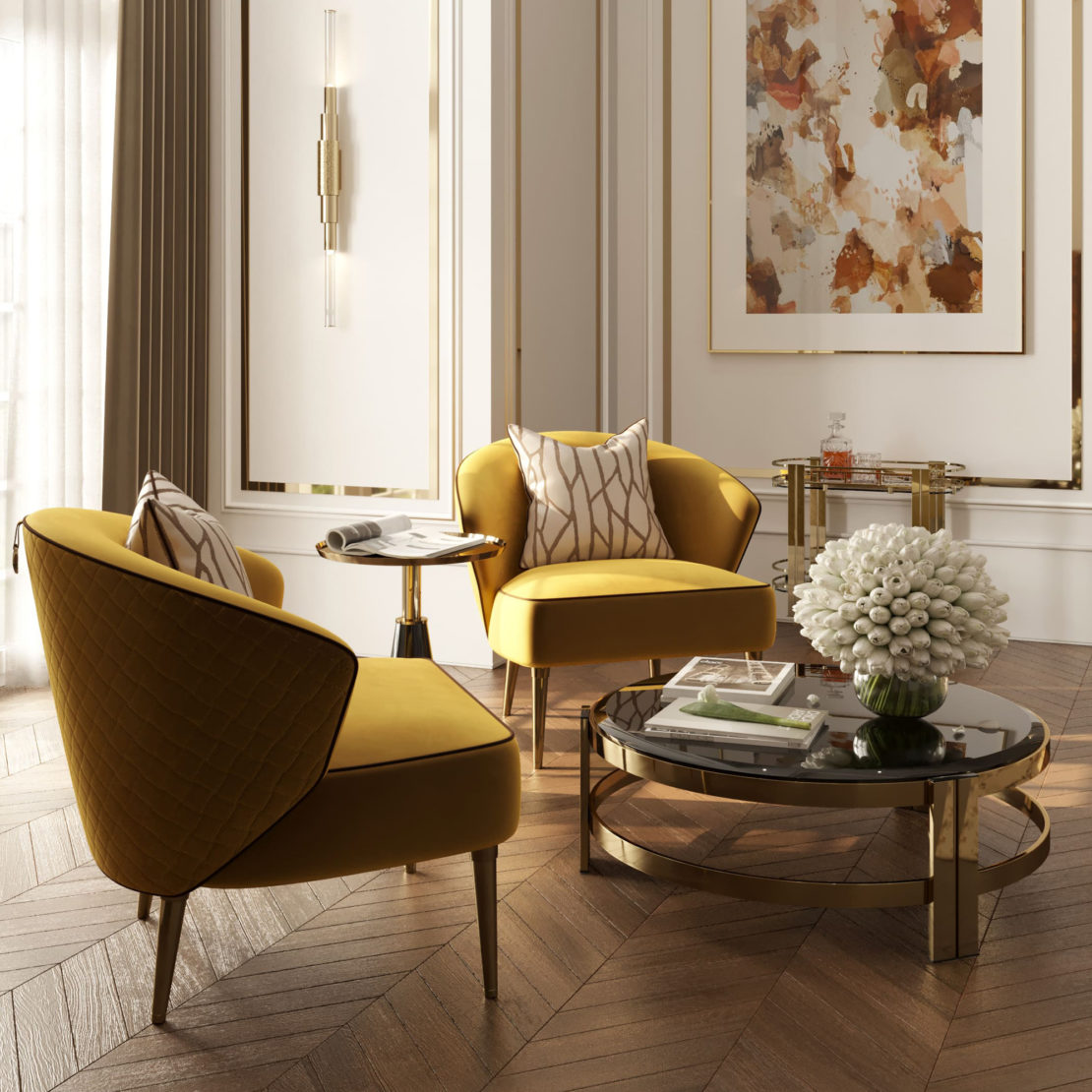 A stylish living room featuring Contemporary Winged Occasional Armchairs in yellow velvet, a round black glass coffee table adorned with a floral centerpiece, and a side table holding a drink. The room showcases parquet wood flooring, a large abstract painting, and soft natural light streaming in from a nearby window.