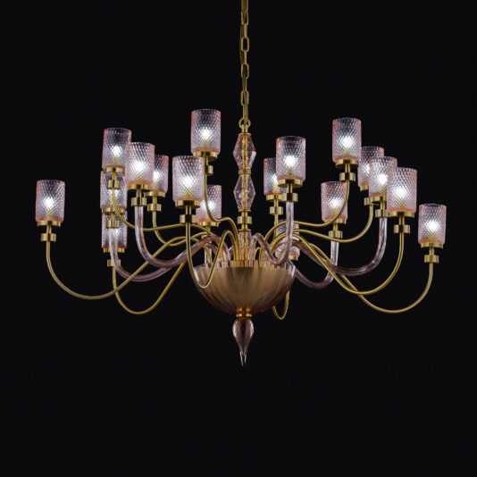 The Chandelier With Balloton Effect Glass Shades boasts an ornate design with multiple curved gold arms, each adorned with a delicate Balloton effect glass shade. The intricately detailed chandelier radiates a soft, elegant glow against a dark background.