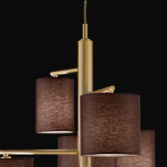 A close-up view of the Large Modern Chandelier With Shades, showcasing cylindrical brown fabric lampshades and a sleek gold frame, set against a black background. The chandelier features multiple tiers and an elegant, contemporary design.