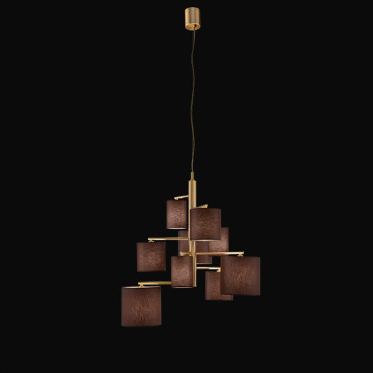 A large modern chandelier with a gold frame, featuring multiple rectangular dark brown fabric lampshades, suspended at different heights against a black background. The product is named 