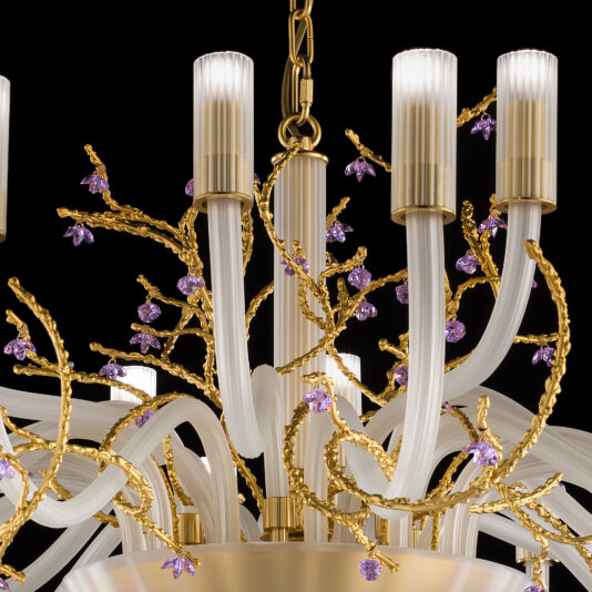 The Large Modern Chandelier With Swarovski Crystal Flowers displays curving white arms and golden branches embellished with delicate Swarovski crystal flowers. The lights are crafted to mimic white tapered candles, creating a stunning visual effect. Suspended against a dark background, this chandelier highlights its intricate and elegant design.