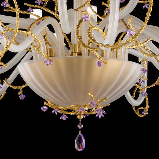 The Large Modern Chandelier With Swarovski Crystal Flowers showcases an ornate and elegant design with a frosted glass bowl and golden metal branches. Each branch is adorned with Swarovski crystal flowers and a teardrop-shaped hanging crystal. Its luxurious and intricate craftsmanship stands out beautifully against a black background.