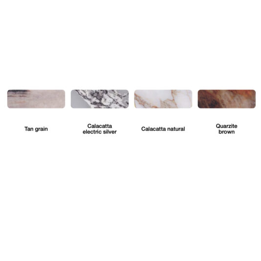 Image depicts four rectangular samples of marble, each showcasing a distinct pattern and labeled as follows: 