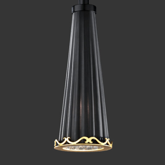The Matt Black Glass And Gold Pendant Light, with its tall conical shape and smooth surface, hangs against a dark gray background. The golden decorative trim at the bottom enhances its elegance, while the light bulb inside emits a soft, warm glow that creates a cozy ambiance.