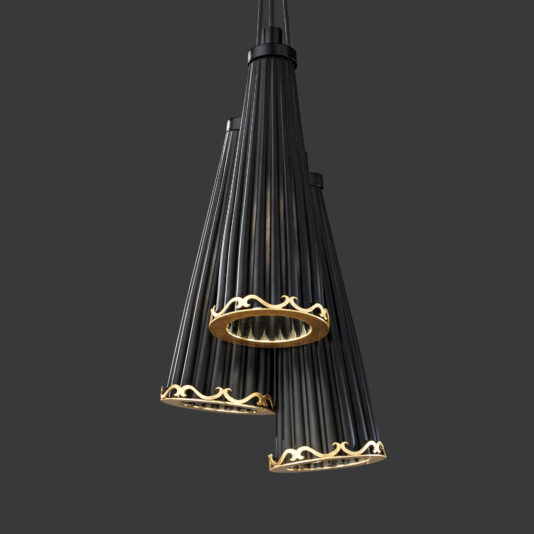 Matt Black Glass And Gold Pendant Light Cluster The Matt Black Glass and Gold Pendant Light Cluster is a modern pendant light fixture featuring three conical, ribbed black shades with gold-toned trim at the open ends. Each shade is angled in different directions and is suspended from a black cord against a dark gray background.