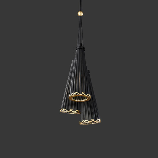 The Matt Black Glass And Gold Pendant Light Cluster boasts three conical black lampshades adorned with golden accents, each suspended at different heights from a central black cord, creating a striking contrast against a dark background.