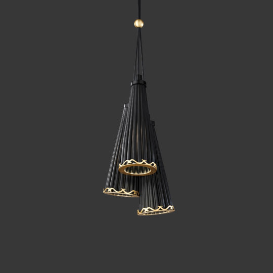 The Matt Black Glass And Gold Pendant Light Cluster boasts three conical black lampshades adorned with golden accents, each suspended at different heights from a central black cord, creating a striking contrast against a dark background.