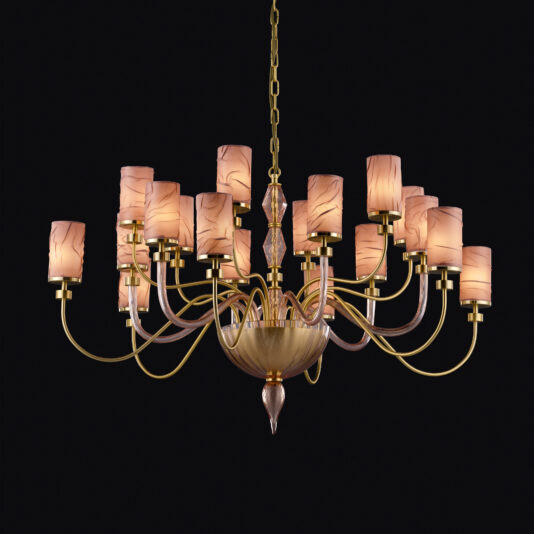 The Modern Chandelier With Glass Detail and Shades features a large, contemporary design with gold arms extending outward in a circular pattern. Each arm supports a cylindrical, marbled pink glass lampshade, mirroring the marbled design of the matching central bowl. This sophisticated chandelier is suspended by a gold chain and showcases exquisite glass details.