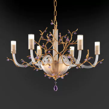Modern Chandelier With Swarovski Crystal Flowers The Modern Chandelier With Swarovski Crystal Flowers is a luxurious lighting fixture, featuring ornate gold branches and purple crystal accents. It has six elegantly curved arms adorned with cylindrical lampshades and is suspended by a gold chain. This sophisticated chandelier is perfectly suited for an opulent setting.
