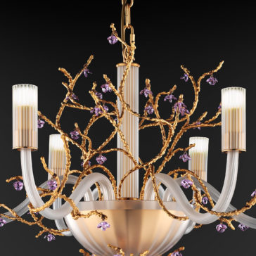 Modern Chandelier With Swarovski Crystal Flowers The Modern Chandelier With Swarovski Crystal Flowers boasts a golden, branching design adorned with small Swarovski crystal flowers. Multiple frosted glass arms extend from a central bowl, each supporting a tall, cylindrical lampshade. The dark background enhances the chandelier's intricate details.