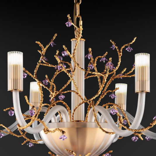 The Modern Chandelier With Swarovski Crystal Flowers boasts a golden, branching design adorned with small Swarovski crystal flowers. Multiple frosted glass arms extend from a central bowl, each supporting a tall, cylindrical lampshade. The dark background enhances the chandelier's intricate details.