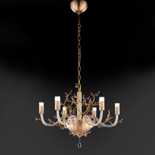 A luxurious Modern Chandelier With Swarovski Crystal Flowers features a gold chain and central stem. Eight curved, white arms hold candle-like lights with ribbed, cylindrical shades. Gold branch-like decorations and purple gem accents provide additional elegance as it hangs against a dark background.