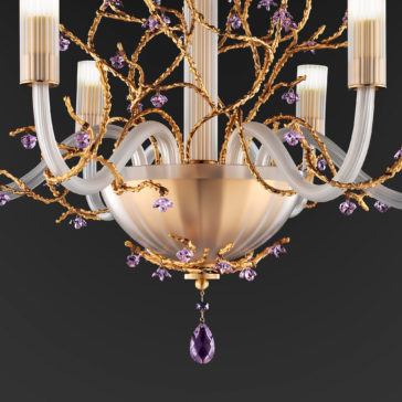 Modern Chandelier With Swarovski Crystal Flowers The Modern Chandelier With Swarovski Crystal Flowers boasts intricately designed gold branches adorned with purple gemstones and white tubular lamps on a dark background. Its centerpiece features a stunning downward-facing purple Swarovski crystal flower ornament for a luxurious touch.