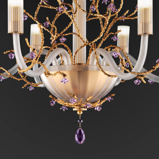 The Modern Chandelier With Swarovski Crystal Flowers boasts intricately designed gold branches adorned with purple gemstones and white tubular lamps on a dark background. Its centerpiece features a stunning downward-facing purple Swarovski crystal flower ornament for a luxurious touch.