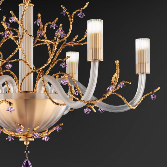 The Modern Chandelier With Swarovski Crystal Flowers boasts intricately designed golden branches adorned with small purple crystals and exquisite Swarovski crystal flowers. Its six gracefully curved frosted white arms each support an elegant cylindrical light, all set against a dark background that enhances the chandelier's luxurious, modern elegance.