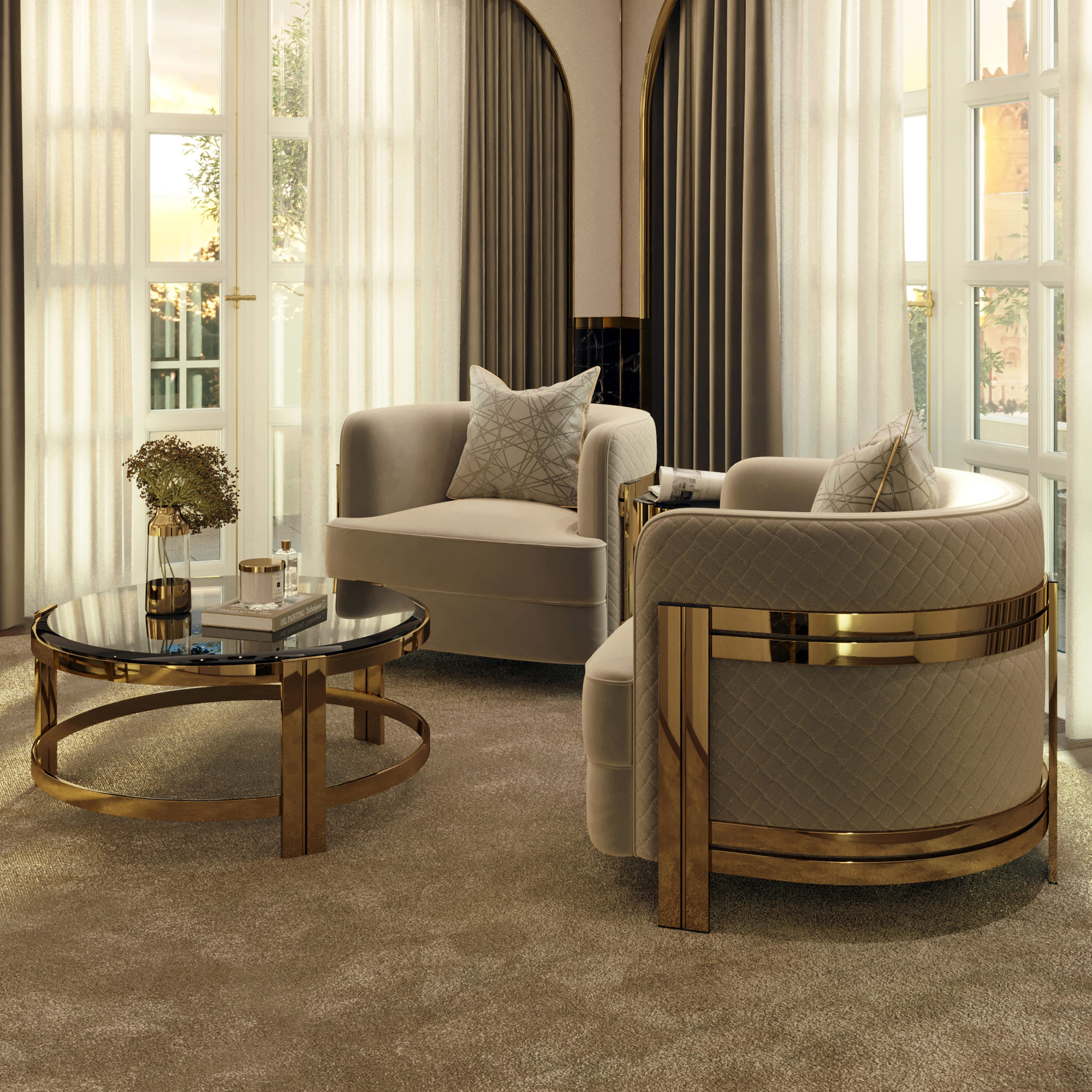Modern Curved Armchair With Brass Frame