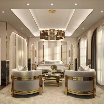 A luxurious bedroom showcasing a large bed with an upholstered headboard, flanked by two arched mirrors, features the Modern Curved Armchair With Brass Frame and a round coffee table. The space is illuminated by a modern chandelier hanging from a tray ceiling, casting a warm, ambient glow.