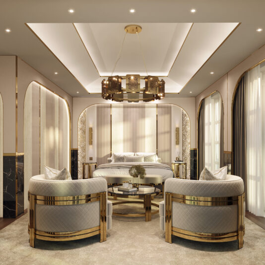 Modern Curved Armchair With Brass Frame A luxurious bedroom showcasing a large bed with an upholstered headboard, flanked by two arched mirrors, features the Modern Curved Armchair With Brass Frame and a round coffee table. The space is illuminated by a modern chandelier hanging from a tray ceiling, casting a warm, ambient glow.