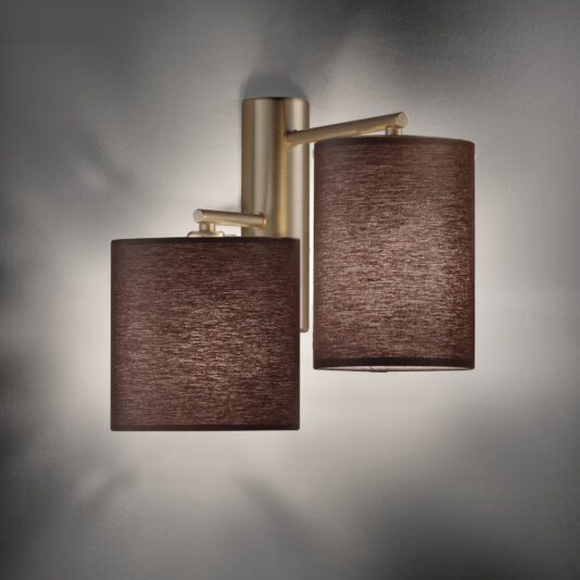 Modern Double Wall Light With Shades The Modern Double Wall Light With Shades boasts a sophisticated brass finish and comes equipped with two cylindrical brown fabric lampshades. It casts a gentle glow onto the wall, creating an inviting ambiance in any room.